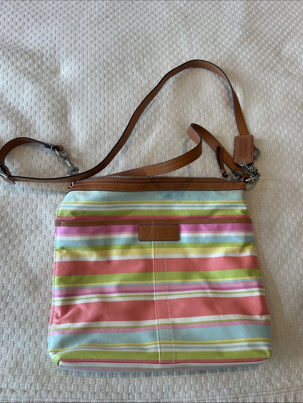Coach Pastel Stripe Crossbody with Tan Leather Strap